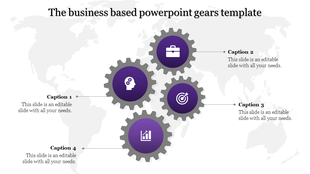 Infographic with interconnected purple gears on a light gray world map, each containing icons and captions.