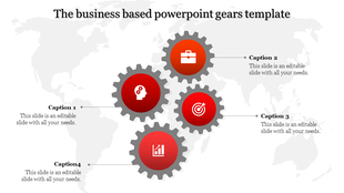 Four circular red gears with white icons, arranged over a light gray map background with labeled captions.