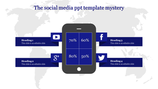 Social media PPT slide with icons for YouTube, Google+, Facebook, and Twitter displayed on a world map background.