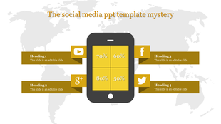 Social media PPT slide with a phone illustration, showing YouTube, Facebook, Google+, and Twitter icons alongside statistics.