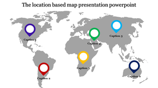 World map PowerPoint slide with six colored location markers labeled with captions.