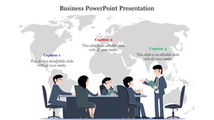 Business PowerPoint slide showing a team discussion around a table with a global map background and captions.