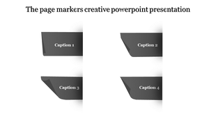 Creative PowerPoint slide showcasing black page marker designs arranged in two columns, each with captions.