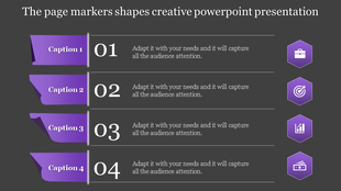 Creative PPT slide showcasing numbered steps 01 to 04 with purple page markers and corresponding hexagonal icons.