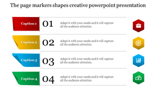 Creative PowerPoint slide with four colorful sections labeled Caption 1 to 4, each with an icon.