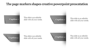 Creative PowerPoint template showcasing a grayscale theme with four page markers and text sections.
