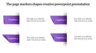 Creative Presentation design slide featuring page marker shapes with four purple captions, each paired with text areas.