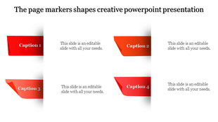 Creative slide with four red page marker shapes on the left, labeled caption 1 to caption 4 placed in a white background.