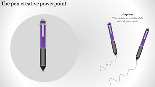 A creative PowerPoint slide with a purple pen in a circle and two pens drawing wavy lines with a caption text.