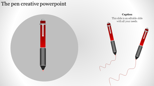 Creative PowerPoint design featuring a red pen illustration with a circular close up view and scribble effects on the side.