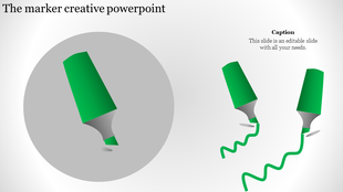 Creative PowerPoint slide featuring a green marker illustration with a circular focus and wavy green lines on the side.