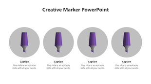 Creative Marker PowerPoint slide with four purple marker illustrations inside gray circular backgrounds.