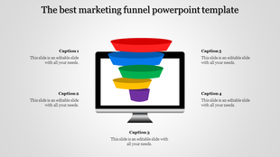 Colorful marketing funnel PowerPoint template displayed on a computer screen with five captions surrounding it.