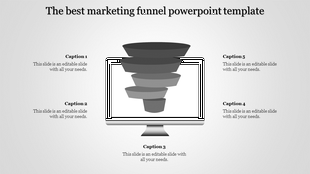 Funnel shaped infographic in shades of gray, centered inside a computer monitor with captions labeled 1 to 5.