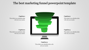 Green marketing funnel inside a computer monitor, surrounded by five captions on a gray background.