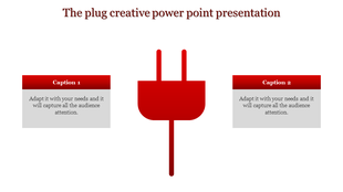 Red plug graphic as the centerpiece of a creative PowerPoint template with caption boxes on both sides.