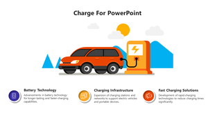 Illustration of an orange car charging at a station with mountains in the background, and three icons below.