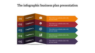 Infographic with stacked arrows in orange, red, blue, green, and purple, each labeled with captions and icons.