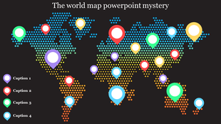 Colorful world map slide made of dotted patterns, with pin markers highlighting various locations and captions for reference.
