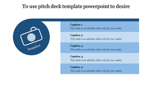Snapshot pitch deck graphic on the left linked to five light-to-dark blue caption sections on the right.