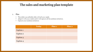 Sales and marketing plan template with a table layout for today, plans 1, and 2 with captions.