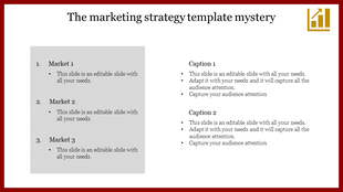 Template showing three numbered markets and two caption sections with bullet points on a white background.