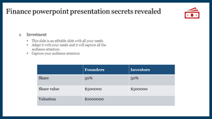 Financial slide featuring a comparison table of founders and investors with share details and valuation.