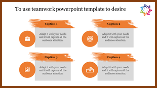 Teamwork slide with four orange icons, captions on gray backgrounds, and a colorful logo framed by brushstroke designs.