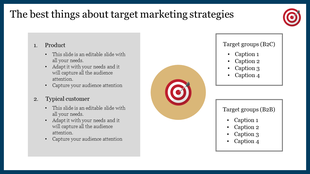 Slide with gray text box, target icon in the center, and two white squares labeled with captions on the right.