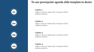 Agenda template with four numbered circles on the left in a blue strip and placeholder text areas on the right.