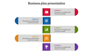 Colorful business plan PowerPoint template with icons briefcase, target, growth, financials, and trophy with captions.
