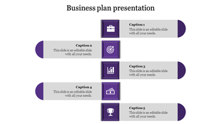 Colorful business plan PowerPoint template with purple icons briefcase, target, growth, financials, and trophy with captions.