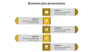 Business plan slide with five banner sections, each featuring a yellow framed icon, caption area, and endpoints.