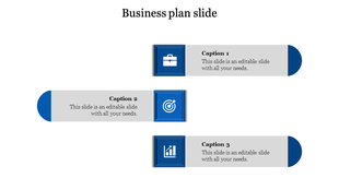 Professional slide with three blue square icons, on horizontal gray rectangles for captions, set on a white background.
