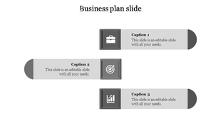 Minimalist business plan template with grayscale framed icons and rounded text boxes, symbolizing key business elements.