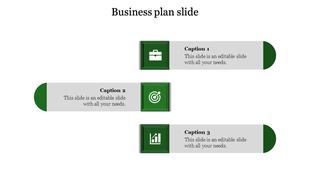 Business plan slide with green themed icons briefcase, target, and bar chart with captions.