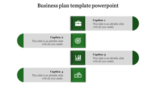 Stacked business process diagram with green square icons for key business stages, each  with a rounded gray text block.