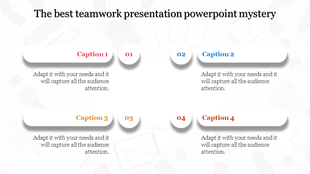 Teamwork slide with four horizontal captions in red, blue, orange, and red-orange, each paired with numbered circular icons.