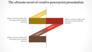 Creative slide showing four colored arrows in yellow, brown, red, and orange, each with numbered captions areas.