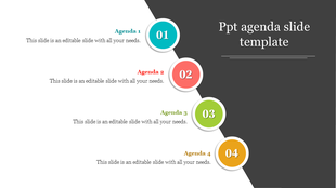 Agenda template featuring four colorful numbered circles (01 to 04) with matching captions and a dark background.