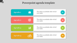 Agenda slide design featuring teal, coral, green, and orange horizontal bars, each with an icon and number.