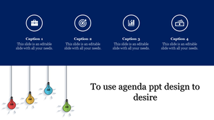 Agenda slide with icons in circles on a dark blue background, colorful hanging light bulbs, and text below.