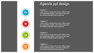 Gray agenda slide with four numbered colorful circles and captions aligned vertically on the right.