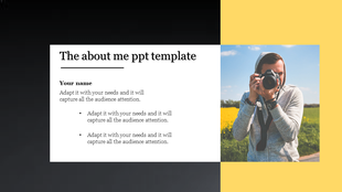 About me PowerPoint template with a photo of a person holding a camera and bullet points for content.