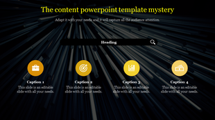 Content slide with a search bar and four icons, including a briefcase, target, graph, and money, on a dark background.