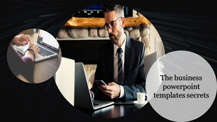 Image of a businessman multitasking with technology, highlighted with two circular laptop work visuals.