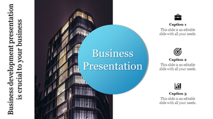 Modern building image  with blue circular overlay labeled  for business and with  icon and captions areas.