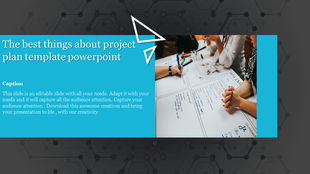 A team working together on a project plan template with the text and caption on a blue theme.