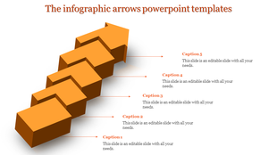 Orange 3D staircase arrow in ascending flow with five steps labeled by captions areas aligned to the right.