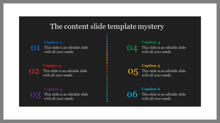 Dark slide with six numbered captions split into two columns, separated by a vertical dotted multicolor line.